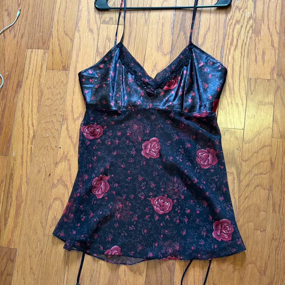 Floral roses Black and Red mesh and satin slip tie back dress or top lingerie